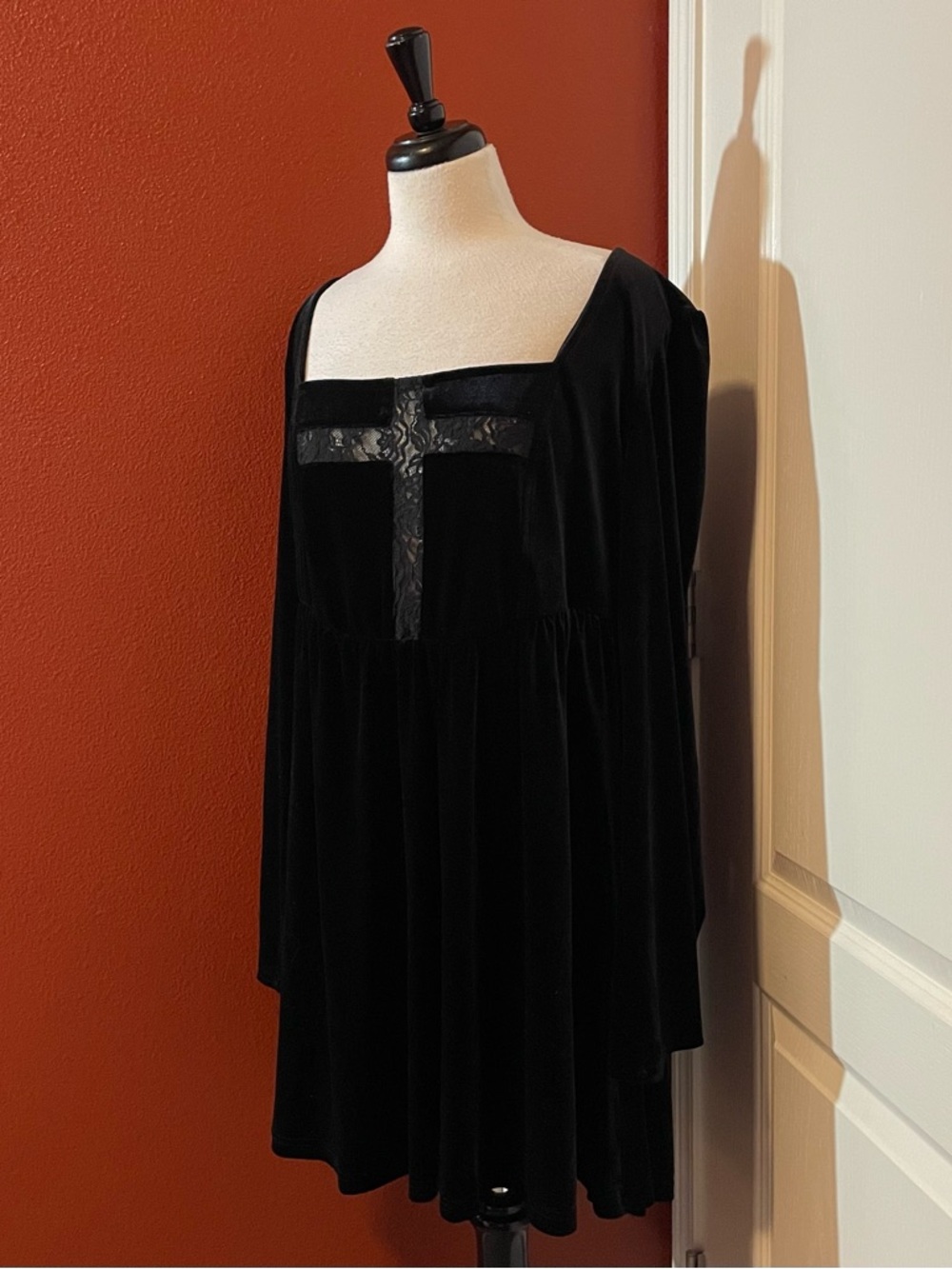 Disturbia Women’s Black Velvet Cross Square Neck Goth Emo Black Flared Dress